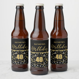 Name 40th Birthday Confetti Theme in Gold on Black Beer Bottle Label