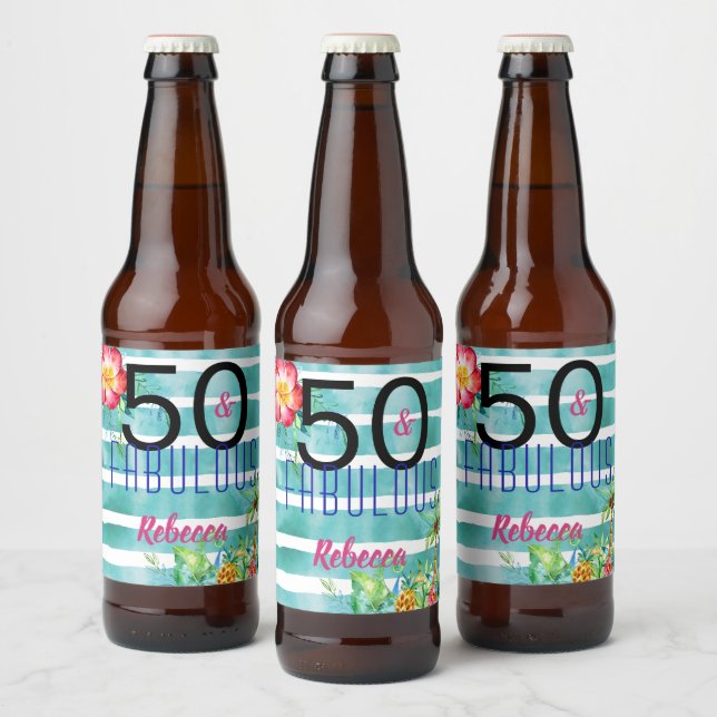 Name 50 and Fabulous Tropical Floral 50th Birthday Beer Bottle Label (Bottles)