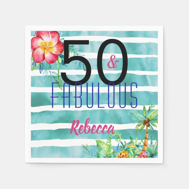 Name 50 and Fabulous Tropical Floral 50th Birthday Napkin (Front)