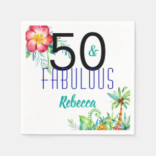 Name 50 and Fabulous Tropical Floral 50th Birthday Napkin