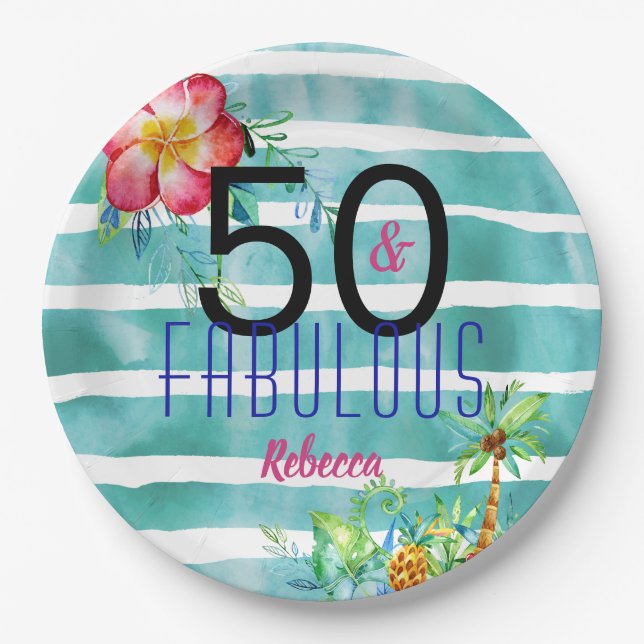 Name 50 and Fabulous Tropical Floral 50th Birthday Paper Plate (Front)