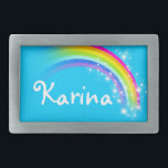 Name 6 letter rainbow bright blue oval belt buckle<br><div class="desc">Named rainbow belt buckle,  currently reads,  Karina or personalise with the name of your choice (up to 6 letters only). Design inspired from the many beautiful rainbows here in Victoria,  Australia. Item designed exclusively by Sarah Trett.</div>