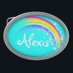 Name 6 letters rainbow aqua oval belt buckle<br><div class="desc">Named rainbow belt buckle,  currently reads,  Alexis or personalise with the name of your choice (up to 6 letters only). Design inspired from the many beautiful rainbows here in Victoria,  Australia. Item designed exclusively by Sarah Trett.</div>