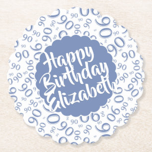 Name:  90th Birthday Random Number Pattern Blue Paper Coaster