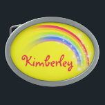 Name 9 letters rainbow yellow oval belt buckle<br><div class="desc">Named rainbow belt buckle,  currently reads,  Kimberley or personalise with the longer name of your choice (up to 9 letters only). Design inspired from the many beautiful rainbows here in Victoria,  Australia. Item designed exclusively by Sarah Trett.</div>