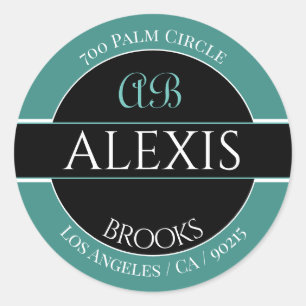 Name Address Monogram, Deep Teal Black & White Classic Round Sticker
