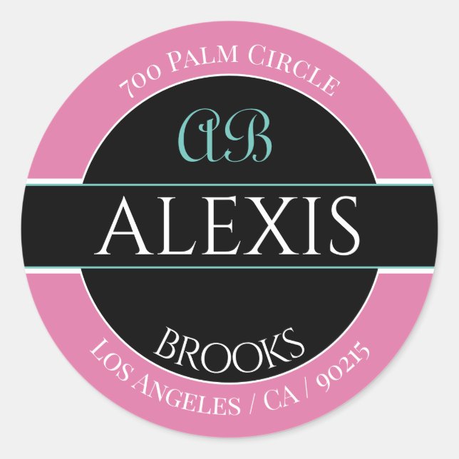 Name Address Monogram, Pink Black & White Classic Round Sticker (Front)