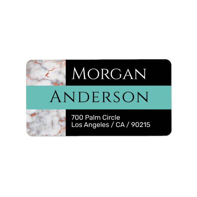 Name & Address, White & Rose Gold Marble, Lt Teal Label (Front)