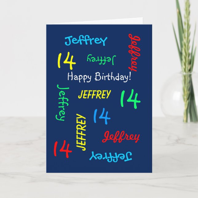 Name, Age, 14th Birthday, Blue Greeting Card (Front)