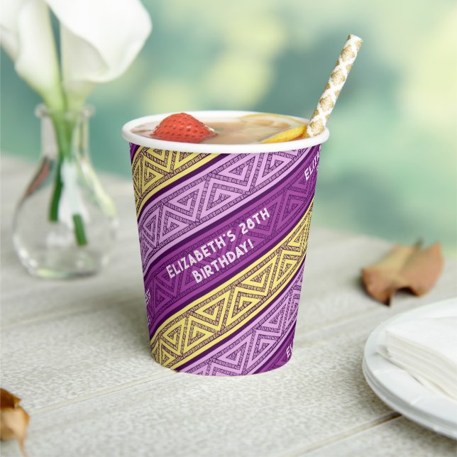 Name & Age Birthday Party Celtic Stripe Purple Paper Cups (Insitu)