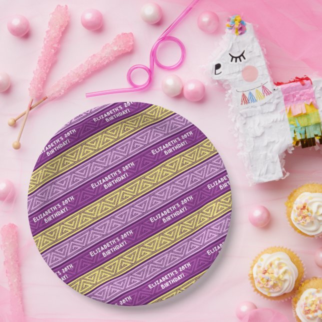 Name & Age Birthday Party Celtic Stripe Purple Paper Plate (Party)