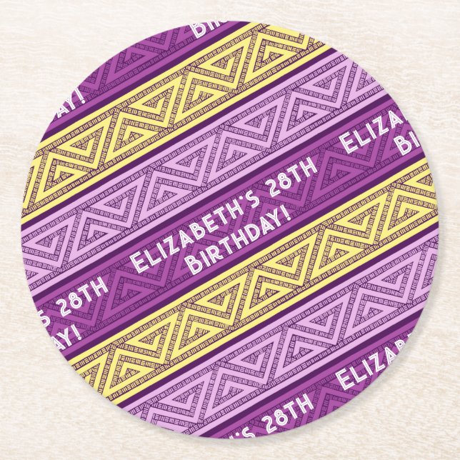 Name & Age Birthday Party Celtic Stripe Purple Round Paper Coaster (Front)