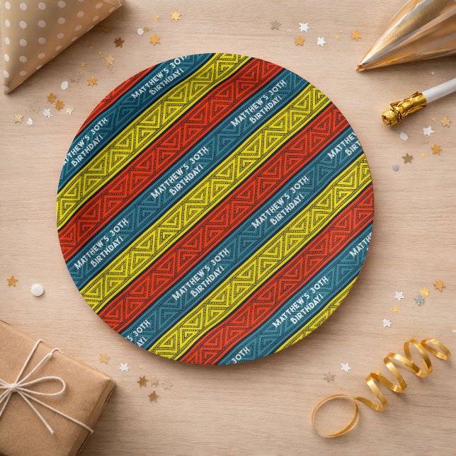 Name & Age Birthday Party Celtic Stripe Red Blue Paper Plate (Creator Uploaded)