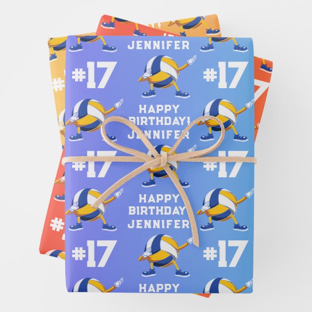 Name Age or Number Sport Theme Dabbing Volleyball Wrapping Paper Sheet (In situ)