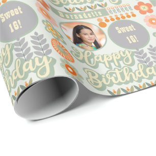 Name Age Photo Retro Vintage Daisy Flower Birthday Wrapping Paper