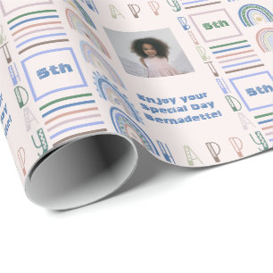 Name Age Sentiment Boho Rainbow Pink Blue Green Wrapping Paper