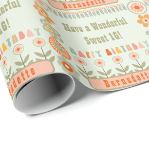 Name Age Text Retro Vintage Daisy Flower Birthday Wrapping Paper