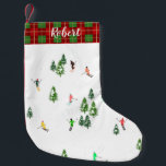 Name Alpine Skiers Skiing Ski Winter Trees  Small Christmas Stocking<br><div class="desc">Cool winter themed skier pattern design with skiers skiing down alpine ski resort slopes among snow covered fir trees in alps. Freeride skiers are wearing colourful vintage retro ski suits, skiing downhill with skis on a white snowy mountain landscape background. Wonderful winter sport fun gift for a skier in your...</div>