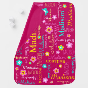 Name and flower pattern pink yellow aqua baby blanket