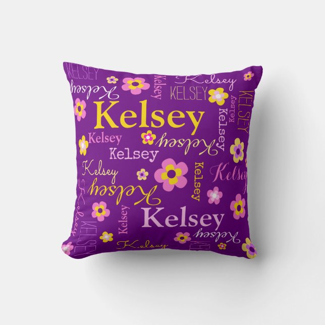 Name and flowers text purple pink yellow pillow (Front)