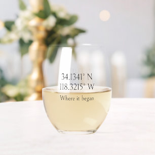 Name and GPS Coordinates Personalised Stemless Wine Glass