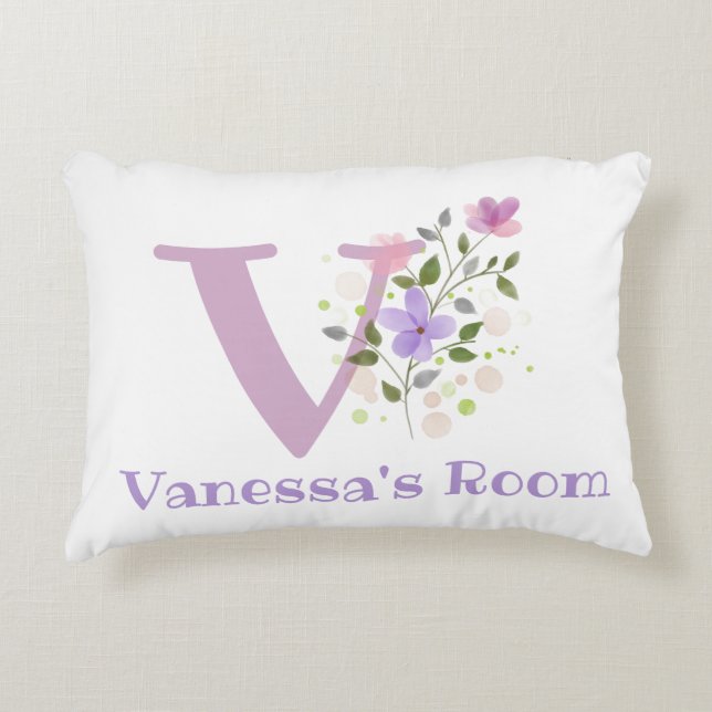 Name and Initial on a Floral Design. Pretty Decorative Cushion (Front)