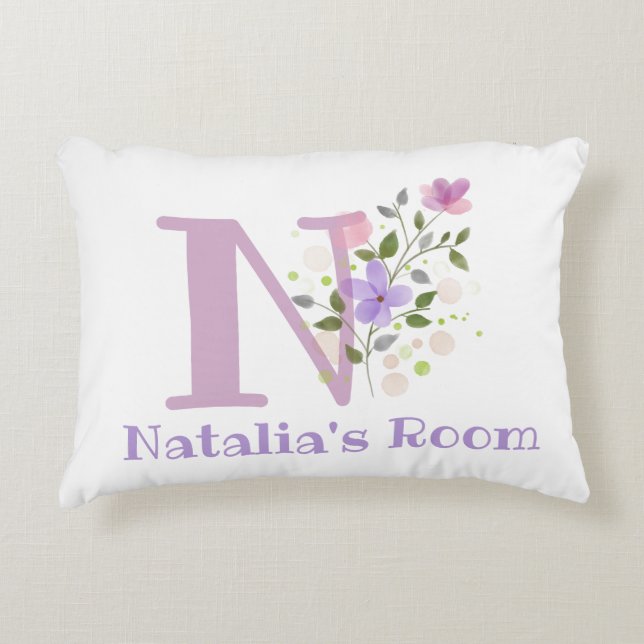 Name and Initial on a Floral Design. Pretty Decorative Cushion (Front)