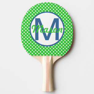 Name and Initial, Polka Dots with Blue and Green Ping Pong Paddle