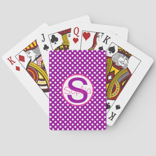 Name and Initial, Polka Dots with Pink and Purple Playing Cards (Back)