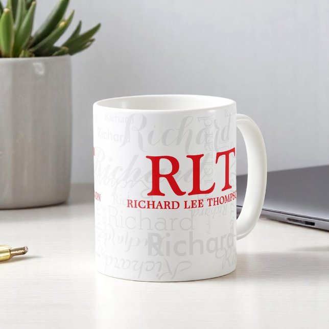 Name and Initials Personalised Modern Red Monogram Coffee Mug (Creator Uploaded)