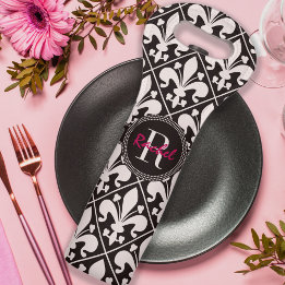 Name and Monogram Black and White Fleur de Lys Wine Bag