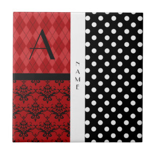 Name and monogram black and white polka dots tile