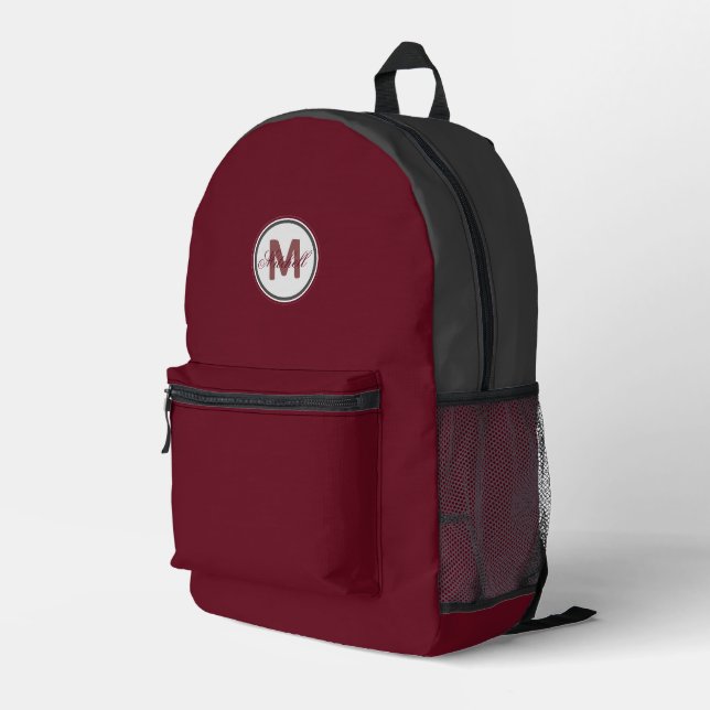Name and Monogram on Autumn Burgundy with Grey Printed Backpack (Back Corner Right)