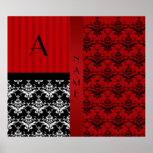 Name and monogram red damask stripes poster