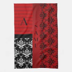 Name and monogram red damask stripes tea towel