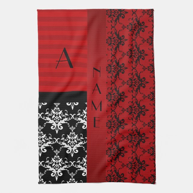 Name and monogram red damask stripes tea towel (Vertical)