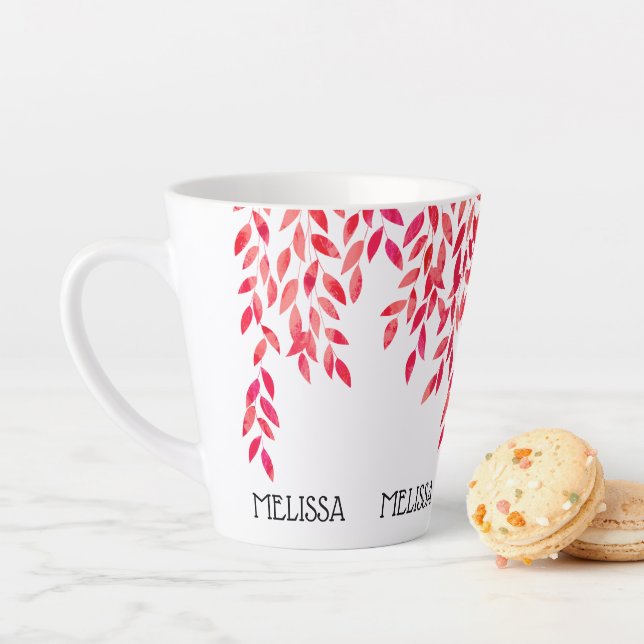 NAME and Painted Hot Pink Leaf Vines Botanical Latte Mug (In Situ)