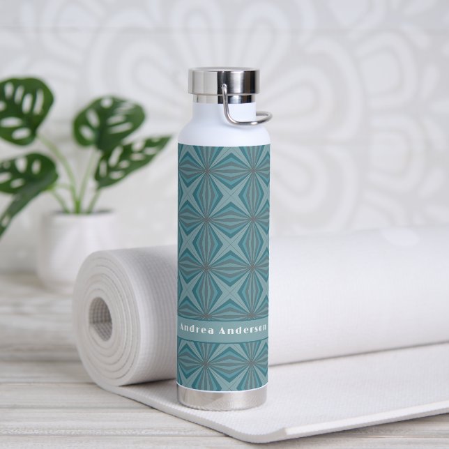 Name and Retro pattern in muted teal and grey  Water Bottle (Yoga)