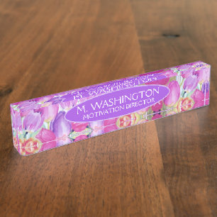 NAME and TITLE Pink Floral Watercolor Tulip Nameplate
