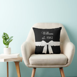 Name and Wedding Year with White Bow Cushion