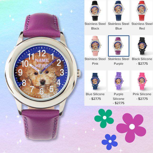 NAME and YOUR PHOTO Cute Puppy Watches for Girls (Watch for 6 years old girl or boy. Little girl watches. Personalised childrens watches, many styles.)