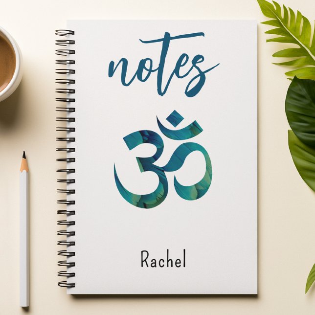 Name, Aqua Bird Feather Pattern Om Symbol Notebook (Creator Uploaded)