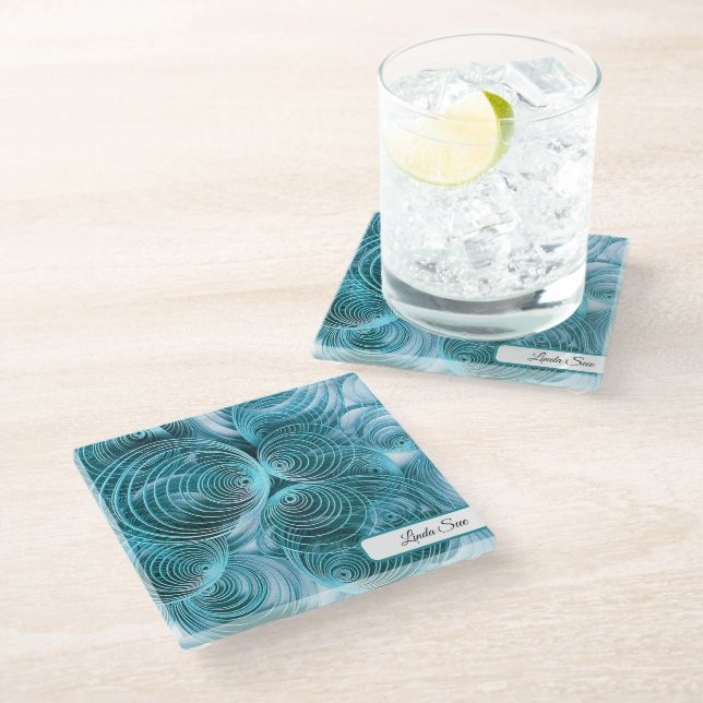 Name, Aqua Quilled Eccentric Circles, Glass Coaster (Angled)