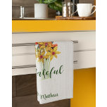 Name, Autumn Paper Quilled Flowers, grateful, Tea Towel<br><div class="desc">Autumn paper quilled flowers by me with "grateful" message and personalised with name decorates this unique kitchen towel. The background is a platinum colour. The actual paper quilled piece is approximately 5" tall and 3.5" wide. Even with the sizeable enlargement of the print on this project, the image’s details can...</div>