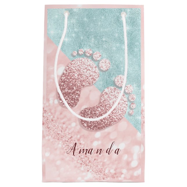 Name Baby Feet Rose Gold Baby Shower Pink Blue Small Gift Bag (Front)