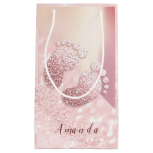 Name Baby Feet Rose Gold Baby Shower Pink Blush Small Gift Bag
