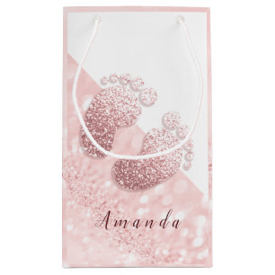 Name Baby Feet Rose Gold Baby Shower Pink White Small Gift Bag
