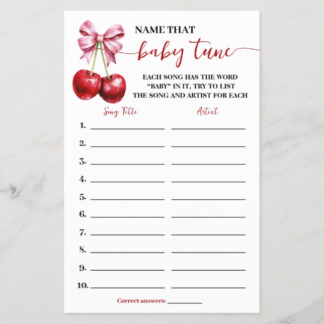 Name Baby Tune Cherry Baby Shower Game Card (Front)