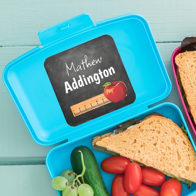 Name Back to School Chalkboard  Square Sticker (Customize his school supplies with these chalkboard school stickers. Easy and practical. Order now!)