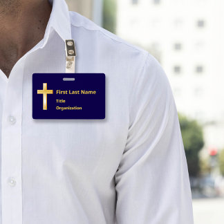 Name Badge with Christian Gold Cross ID Badge